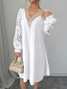 Chiquease Elegant Long Sleeve Lace Splicing V-Neck Dress - White - View 5