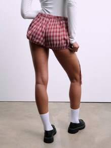 TypaGal Pantalones cortos tipo bloomers con estampado de cuadros vichy y etiqueta con letrero, estilo vintage para primavera y verano, nueva temporada - Rojo y blanco - Ver 2