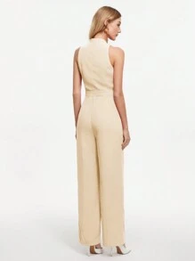 BizChic 女士夏季纯色翻领单排扣无袖优雅办公室连体裤