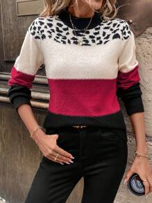 SHEIN LUNE 休闲秋冬法式街头时尚豹纹红色女士长袖毛衣，长袖上衣 - 彩色 - 查看 3