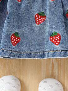 SHEIN Vintaside Kids 2pcs Baby Girls' Ruffled Strawberry Top Matched With Cartoon Denim Skirt Set - White - View 5