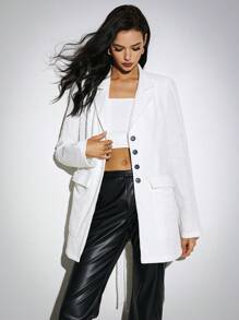 SHEIN Frenchy White Summer Elegant Office Tweed Blazer Jacket,Women's Lace-Up Waist Single-Breasted Grain Velvet Small Lapel Business Casual Workplace Formal Tops - White - View 2