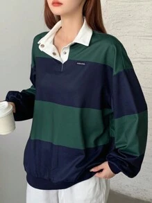 DAZY 女士宽松条纹字母提花 Polo 领长袖运动衫 - 綠色 - 查看 7