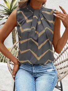 SHEIN LUNE Women's Summer Foil Wave Striped Pleated Collar Sleeveless Blouse