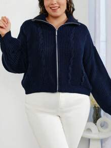 RueChic Cable Knit Drop Shoulder Zipper Cardigan - Navy Blue - View 3