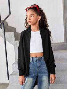 SHEIN Tween 女童休闲纯色落肩针织开衫 - 黑色 - 查看 6