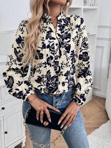 SHEIN LUNE 女士度假花卉印花 V 领灯笼袖宽松衬衫 - 藏蓝色 - 查看 1