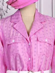 Teen Girls Collared Minimalist Casual Long Sleeve Dress - Pink - View 3