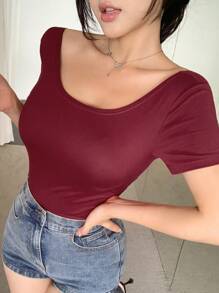 DAZY 女士纯色简约休闲露背蝴蝶结装饰T恤上衣，吊带款情人节上衣 - 紅色 - 查看 7