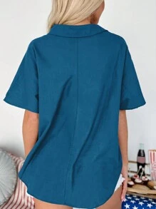 INAWLY Plus Size Solid Color V-Neck Casual Short Sleeve Shirt For Summer - Navy Blue - View 2