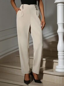 SHEIN Clasi Thiết kế trang trí đôi ngực màu be giản dị thanh lịch dành cho nữ Quần dài chân thẳng - Màu be - Xem 1