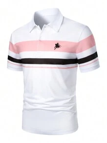 Manfinity Mode 男士短袖Polo衫，休闲夏季商务拼色印花精致骑行刺绣标志短袖领Polo衫，老公出门穿