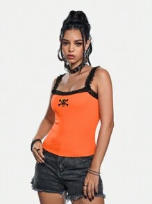 Studio Schimm Nghệ sĩ Halloween, Y2K, Thời trang đường phố, Áo ba lỗ cắt ngắn ôm vừa vặn viền ren tối màu dành cho nữ, Ngày lễ, Kỳ nghỉ, Mùa xuân, Bãi biển, Đi chơi, Lễ hội, Phù hợp với Ibiza, Trang phục phương Tây - trái cam - Xem 7