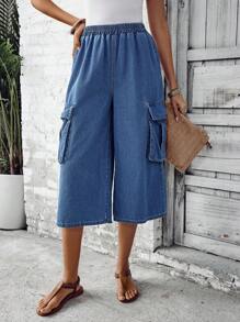 SHEIN LUNE Quần jean thẳng màu trơn đơn giản hàng ngày của phụ nữ - Màu xanh lam - Xem 4