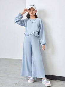 2pcs/Set Tween Girl Casual Criss-Cross Hem Long Sleeve T-Shirt And Loose Pants Outfit, School Style - Multicolor - View 4