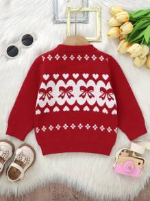 Elegant & Cute Christmas Red Sweater For Infants & Toddlers, Round Neck Long Sleeve Featuring Lovely Heart & Bow Knit Design, Fashionable & Practical Daily Wear - Red - View 2