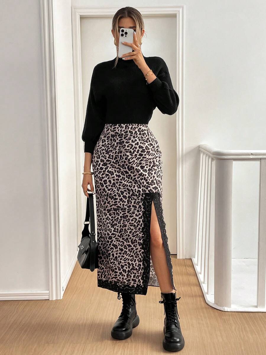 SHEIN Essnce Women Leopard Print Contrast Lace High Waist Skirt, Casual - Multicolor - View 1