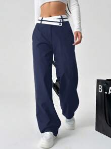 SHEIN EZwear Pantalones rectos casuales para mujeres con bolsillos y cintura asimétrica en bloque de color