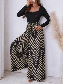 SHEIN LUNE Bộ áo liền quần màu đen, áo liền quần dài tay nữ màu trơn, phối họa tiết hình học, phong cách boho, thường ngày. - Nhiều màu - Xem 4