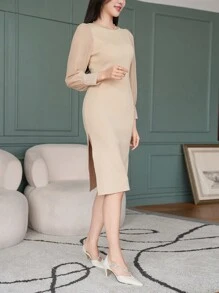 DAZY 女士优雅拼布长袖毛衣裙，适合春秋季节 - 杏色 - 查看 7