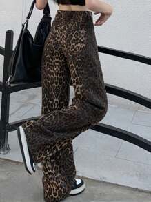 DAZY Women's Leopard Print Loose Straight Leg Jeans Cheetah Print - Brown - View 4