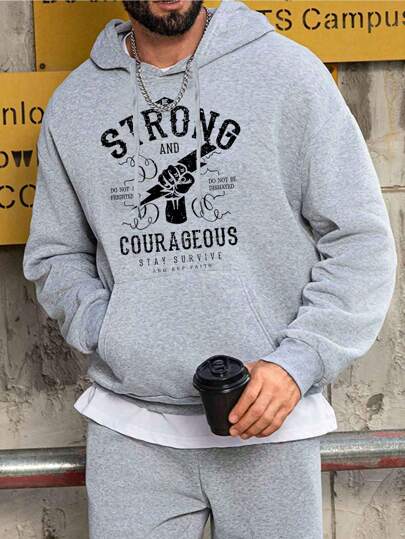 Manfinity Fitness 大码纯色长袖口袋字母印花简约休闲运动衫