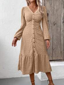 SHEIN LUNE V領長袖前鈕飾荷葉邊裙連衣裙 - 杏色 - 查看 5