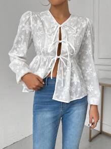 SHEIN LUNE Women's Commute Simple Floral Jacquard Front Tie Long Sleeve Elegant Blouse, Spring/Summer