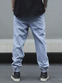 Manfinity EZcore 男士时尚抽绳口袋街头风格牛仔裤，纯色长直筒浅蓝色抽绳工装牛仔裤，适合丈夫、男朋友的礼物 - 藍色 - 查看 2