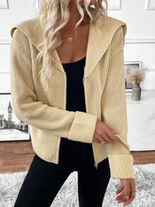 SHEIN LUNE Solid Color Stand Collar Zip-Up Casual Sweater Jacket, Continuous Learning Fall Cloth For Women - Khaki - View 3