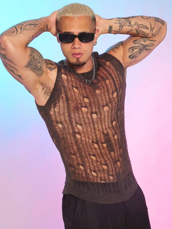 WENEZON Herren Rundhals-Ärmellose Hohldesign Mode Avantgarde Strick Tank Top