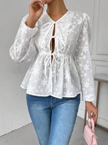 SHEIN LUNE Women's Commute Simple Floral Jacquard Front Tie Long Sleeve Elegant Blouse, Spring/Summer