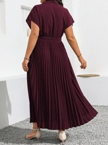 Flirla Plus Size Solid Color Ruched Waist Tied Short Sleeve Dress For Summer Maxi Women Outfit - Maroon - View 2
