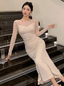 DAZY Váy dạ hội có miếng vá xếp nếp và viền đuôi cá dành cho nữ, váy dạ hội sinh nhật - Màu be - Xem 4