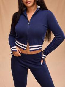 Forever 21 Damen Große Größen Lässig Vintage Langarm Reißverschluss Gestrickter Cardigan, Herbst/Winter - marineblau - Übersicht 2