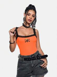 Studio Schimm Nghệ sĩ Halloween, Y2K, Thời trang đường phố, Áo ba lỗ cắt ngắn ôm vừa vặn viền ren tối màu dành cho nữ, Ngày lễ, Kỳ nghỉ, Mùa xuân, Bãi biển, Đi chơi, Lễ hội, Phù hợp với Ibiza, Trang phục phương Tây - trái cam - Xem 8