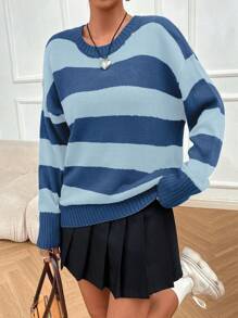 SHEIN Unity Fashionable Ladies' Round Neck Striped Casual Long Sleeve Pullover Sweater, Knit Pullover Fall Winter - Multicolor - View 5