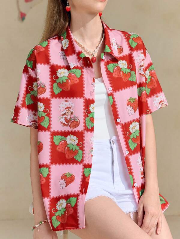 Strawberry Shortcake X SHEIN Summer Pink Strawberry Pattern Cute And Sweet Short Sleeve Button-Down Shirt, Beach Vacation Shirt, Spring And Summer