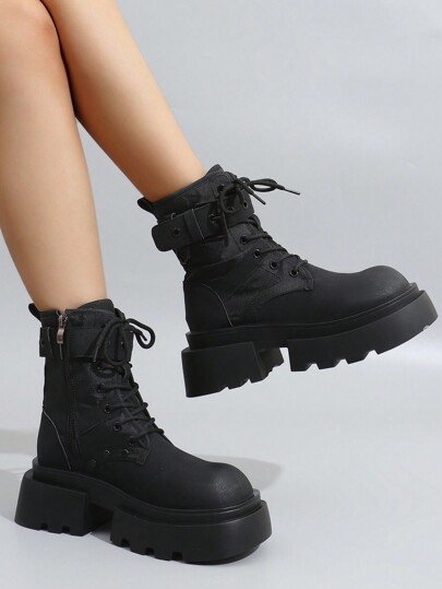 Goth Women's Fashion Round Toe Black Patchwork Lace-Up Back Zipper  Boots, Thick Sole Warm Ankle Booties