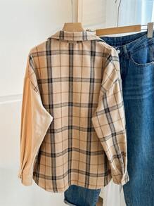 SHEIN Teen Girls Plaid Patchwork Colorblock Preppy Style Lightweight Jacket, Autumn Winter - Khaki - View 2
