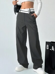 SHEIN EZwear Colorblock Asymmetrical Waist Straight Pants - Grey - View 4