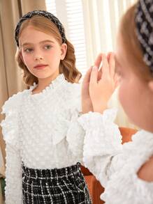 SHEIN 2pcs Tween Girl Casual Checkered Textured Long Sleeve Ruffle Blouse & Plaid Mini Skirt Set - Multicolor - View 3