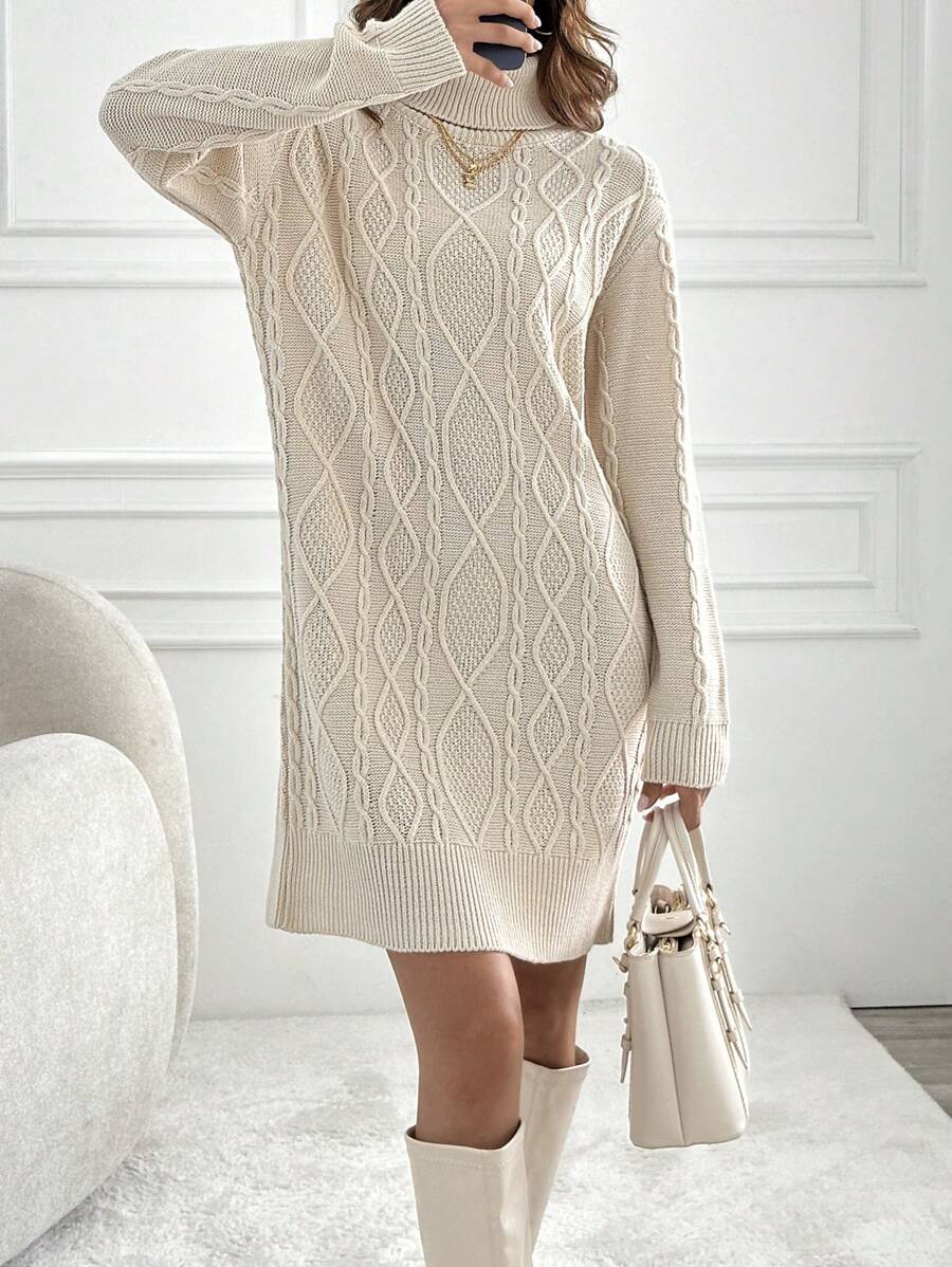 EURMUSE Knitwear Dress With Folded Neck And Cable Pattern - Beige - View 1