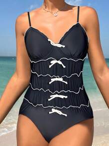 SHEIN Swim 女士彩色蝴蝶结装饰吊带连体泳衣 夏季 - 黑色 - 查看 2