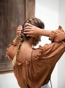 INAWLY 1pc Women's Casual Solid Color Off-Shoulder Blouse - Brown - View 2