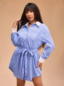 Forever 21 Plus Size Women Vintage Casual Colorblock Striped Print Belted Long Sleeve Midi Dress - Blue - View 6