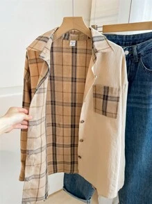 SHEIN Teen Girls Plaid Patchwork Colorblock Preppy Style Lightweight Jacket, Autumn Winter - Khaki - View 9