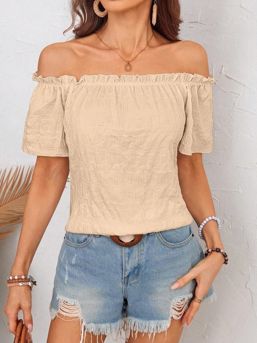 SHEIN LUNE Áo trễ vai xếp nếp ngắn tay dáng rộng thoải mái cho nữ - Màu be - Xem 1