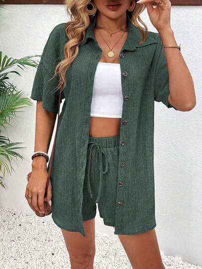 SHEIN Holidaya 2 件套女士前扣领短袖简约衬衫和前系带短裤套装
