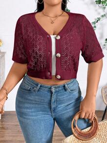 Calvaya Plus Size Casual Solid Color Hollow-Out Knitted Short Sleeve Cropped Cardigan For Summer - Burgundy - View 3